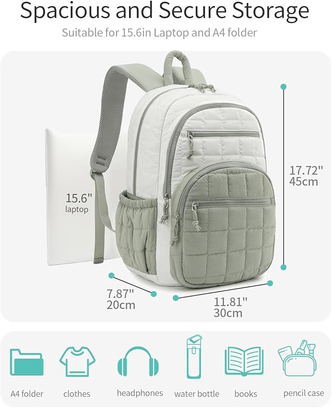 Bookbag for Women, Teen Girls Backpack for High School College Student, Puffer Quilted Back Pack Cute Laptop Backpack for Work Travel Mom Casual Daypack, Beige Green