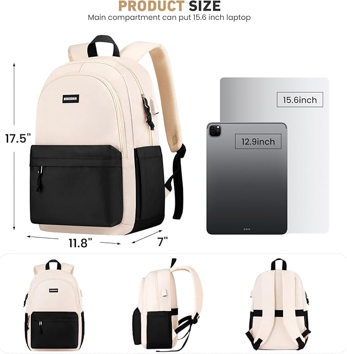 School Backpack for Teens Girls, Cute Student Bookbag Large 15.6 Inch Laptop Bag Aesthetic College Backpacks for Women High School Travel (Black Beige)
