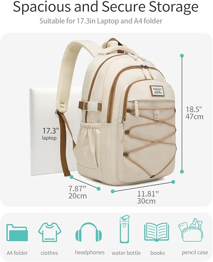Teen Girls Backpack School Bag, 17.3in Laptop Backpack for Women Work Commuter, Aesthetic College Bookbag for Students, Beige