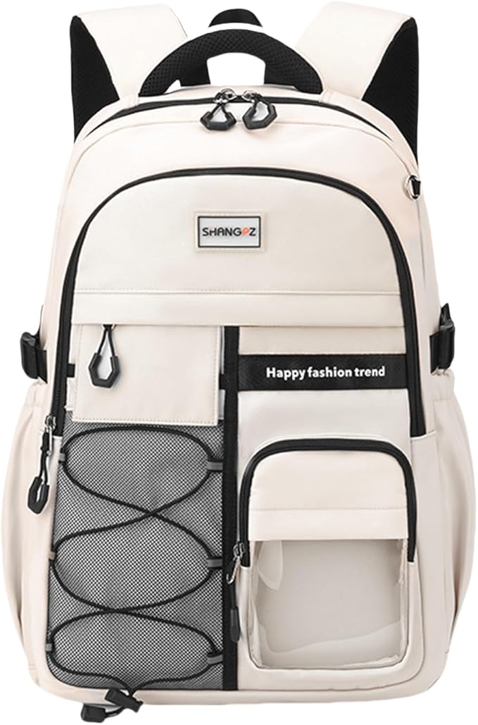Laptop Backpack Large Cool Aesthetic Waterproof Hiking Travel Backpacks Multiple Pockets Book Bag for College Women Men (Beige)