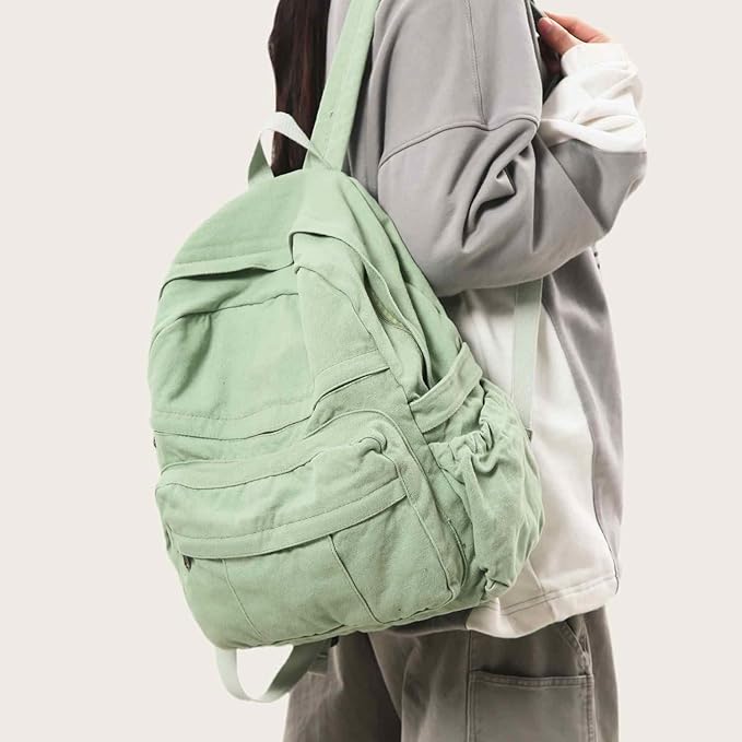 Sage Green Canvas Backpack for Women Retro Aesthetic Rucksack Basic Backpack for High School/College Students Travel Laptop Bag