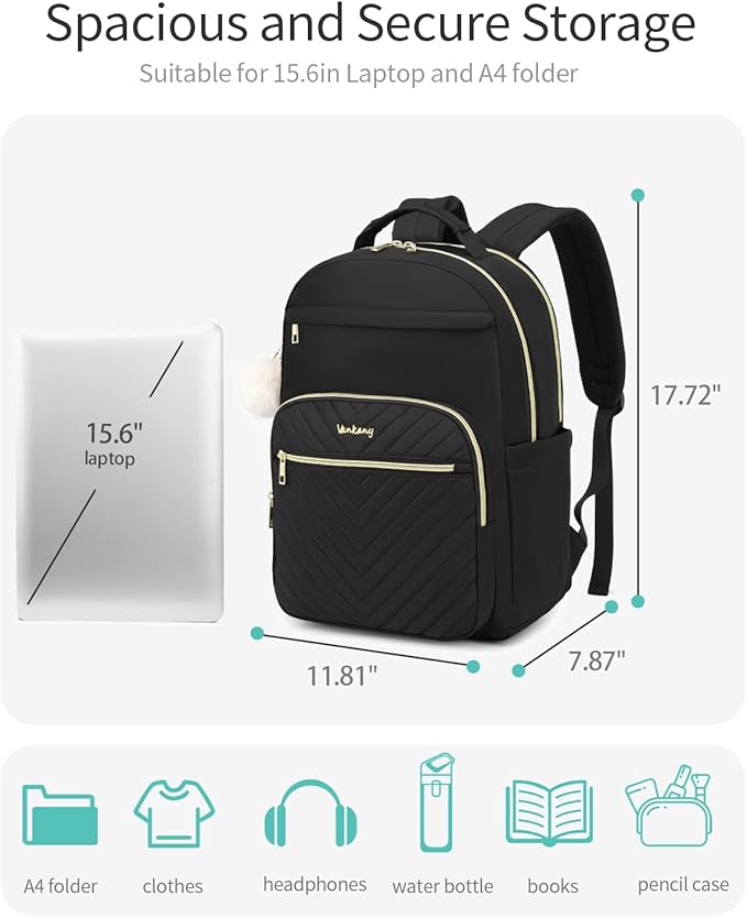 Laptop Backpack Women, Aesthetic Highschool Backpack for Girls Cute Black Backpack for College Students Nursing Commuter Work Travel