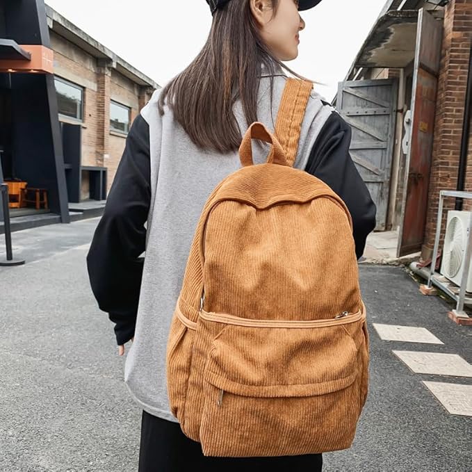 Aesthetic Backpack Cute Backpack Corduroy Backpack School Supplies Laptop Bag for Teens Girls Women Students Solid Color(Brown)