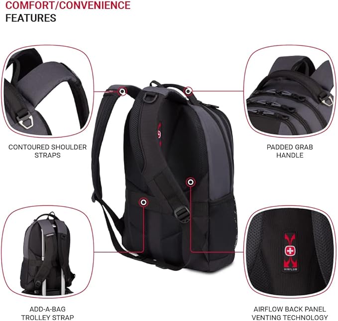 SWISSGEAR Cecil 18-Inch Laptop Backpack Fits 16-Inch Laptop, Travel Daypack with Organizer Pockets, Water Bottle Holders & Padded Straps – Dark Grey/Black