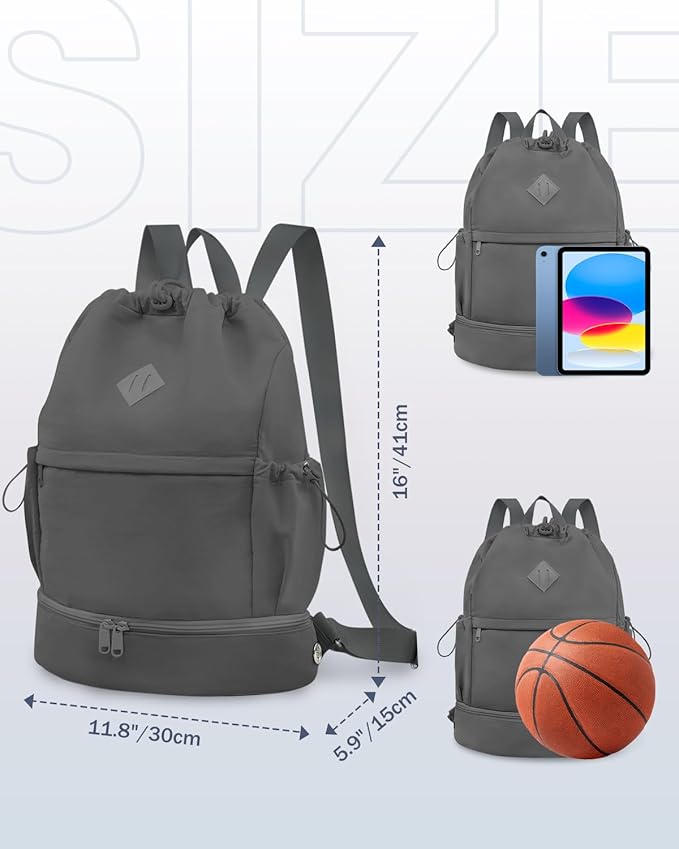 Drawstring Backpack Sports Gym Bag with Shoe Compartment and Wet Pocket String Swim Bag for Women Men Beach Backpack, Dark Gray