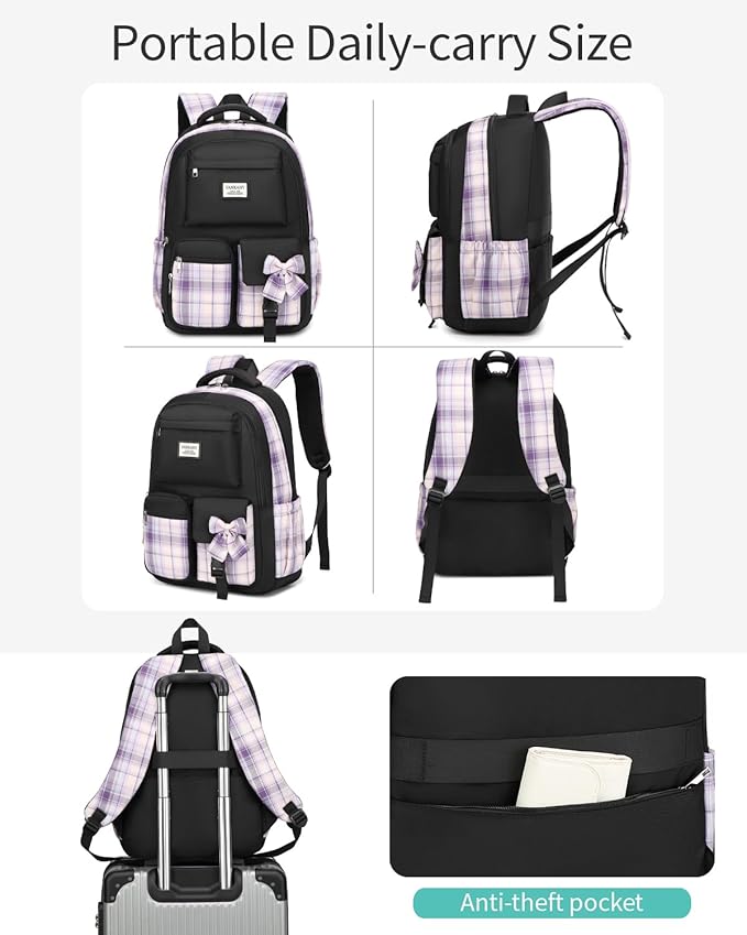 Girls Backpack Teen Girls Bookbag, Big Student School Backpack for Middle High School College Women Cute Schoolbag for Kids Teenage Back Pack (Black Purple)