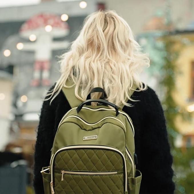 Modoker Eco-Friendly 15.6 Inch Women's Laptop Backpack, Quilted Work and Travel Backpack with USB Charging Port, Green