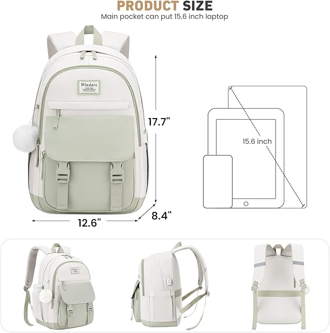 School Backpack for Teen Girls, Cute College Backpacks for Women Students Aesthetic Bookbag Large 15.6 Inch Laptop Bag Middle School Travel Back Pack (Green Beige)