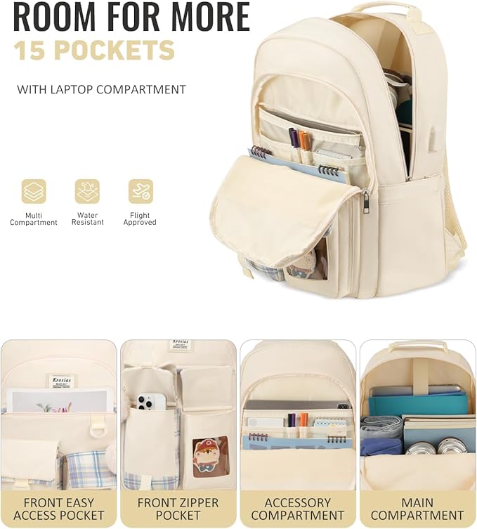 School Backpack for Teen Girls, Cute Kawaii Plaid Bookbag College Backpacks for Women 15.6 Inch Laptop Bag for Kindergarten Elementary Preschool Middle High School Students, Beige