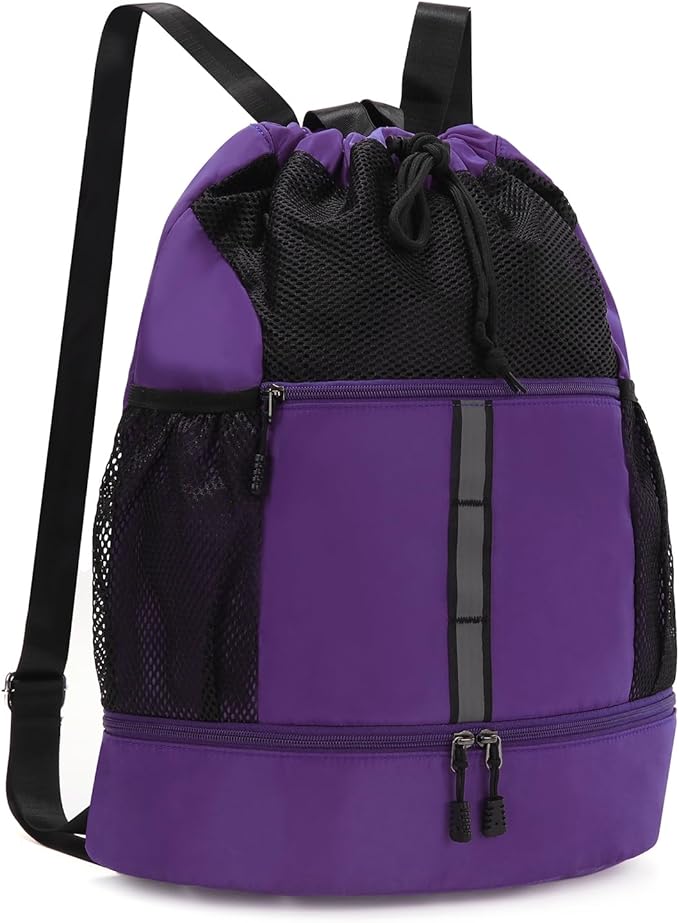 Valleycomfy Drawstring Gym Bag Sports Backpack With Shoe Compartment and Reflective Strips Purple