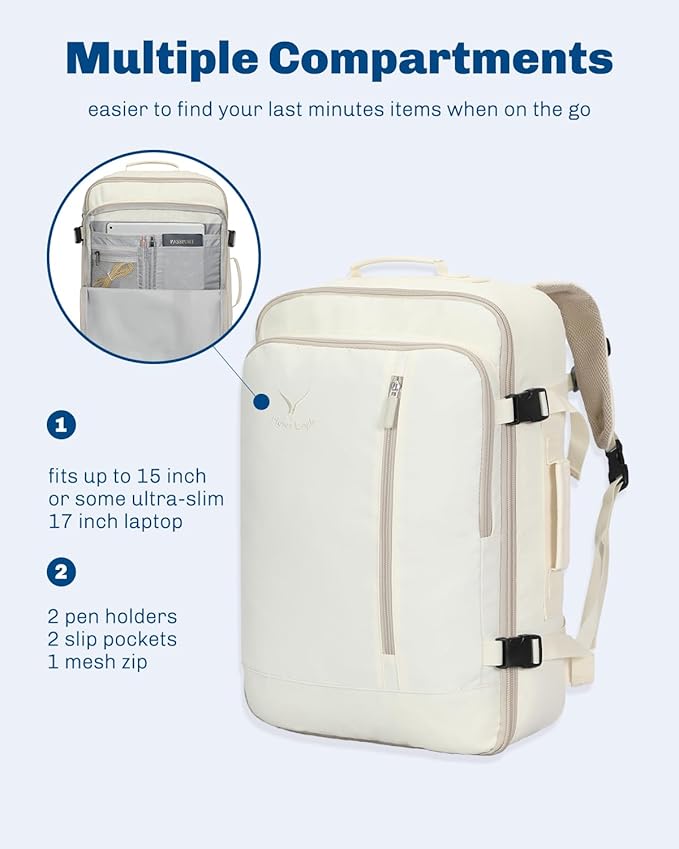Hynes Eagle Carry on Backpack 38L Large Travel Backpack for Women Flight Approved Weekender Bag Laptop Backpack Men 15 inches Beige