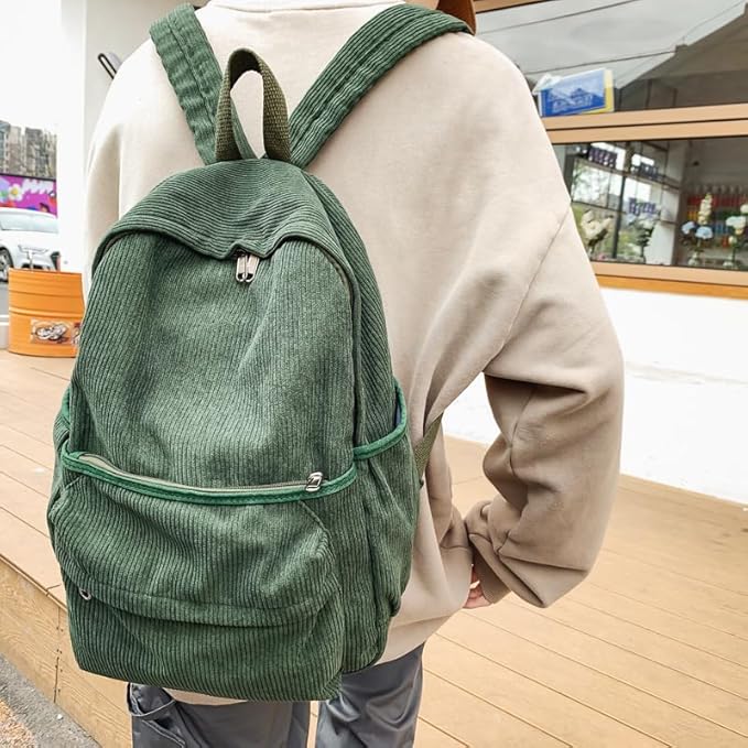 Aesthetic Backpack Cute Backpack Corduroy Backpack School Supplies Laptop Bag for Teens Girls Women Students Solid Color(Green)