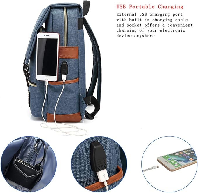 UGRACE Vintage Laptop Backpack with USB Charging Port, Elegant Water Resistant Travelling Backpack Casual Daypacks College Shoulder Bag for Men Women, Fits up to 15.6Inch Laptop in Blue