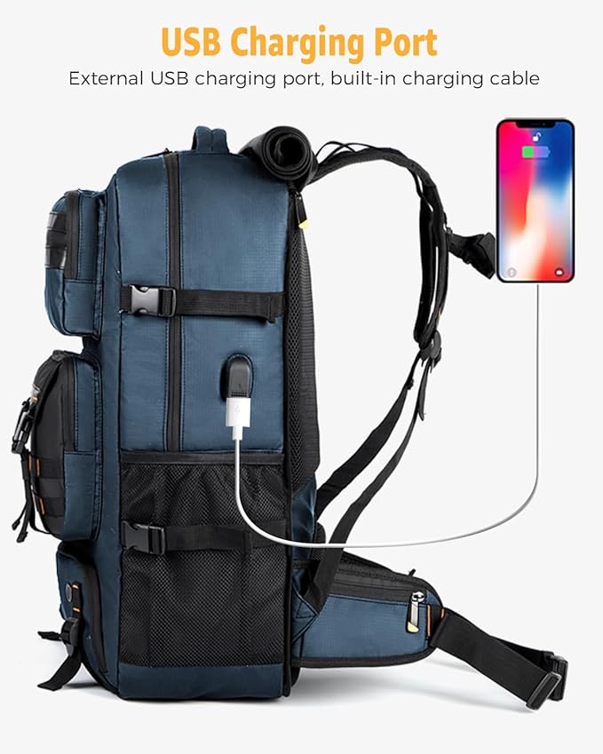 Travel Backpack for Men, 50L Carry On Flight Approved Convertible Duffle Bag with Shoe Compartment, 17 inch Laptop Luggage with USB Charging Port for Weekender Hiking, Blue