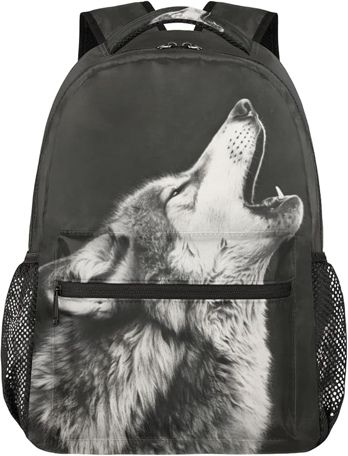 Pardick Howling Moon Wolf Backpacks for Boys Girls Kids Grey Wolf Lightweight 16 Inch School Backpack Laptop College Bookbag Travel Casual Daypack Hiking Camping Computer Rucksack Medium