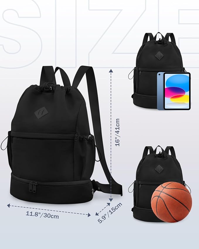 Drawstring Backpack Sports Gym Bag with Shoe Compartment and Wet Pocket String Swim Bag for Women Men Beach Backpack, Black