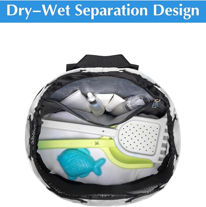 Drawstring Backpack Sandproof Beach Backpack with Shoe Compartment & Wet Pocket Waterproof Mesh Swim Bag Pool Bag for Gym, Travel and Workout Gear (Beige)