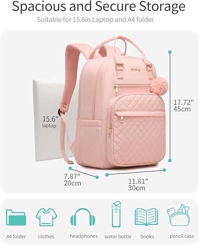 Girls School Backpack, Laptop Backpack for Women Middle High School College Students, Travel Work Bag Cute Nursing Bookbag, Pink