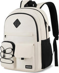 School Backpack for Women, College Bookbag Teen Girls 17.3 Inch Laptop Bacpack Cute School Bag with USB Port for Students (Beige)