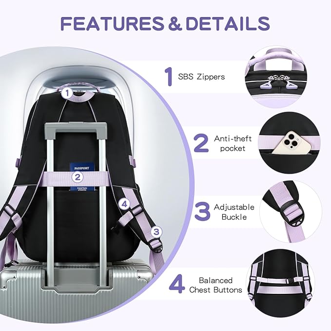 Cusangel Teen Girls Backpack,Girls Cute Backpack Big kids Elementary Middle High School College Student,17" Bookbag For 9Age+ boys(Purple)
