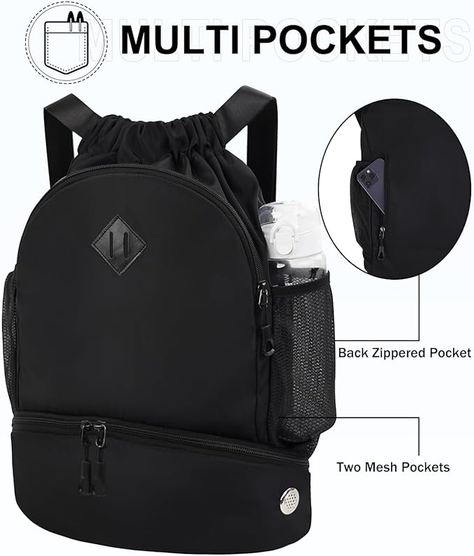 Drawstring Backpack Gym Backpack with Shoe Compartment for Men Women String Sports Bag with Wet Pocket Cinch Swim Beach Bag, Black (Patent Pending)