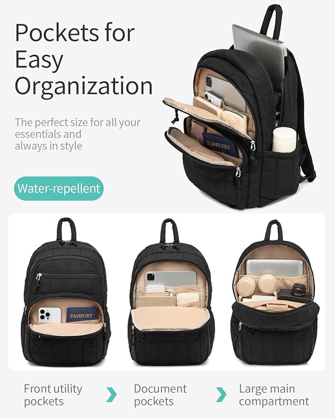 Women Back Pack for Work, 17.3in Laptop Backpack for College Teen Girls Quilted Computer Bag for Nurse Casual Daypack Travel, Black
