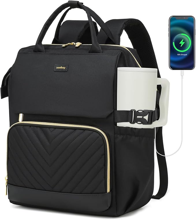 Laptop Backpack for Women 17.3in, College Bookbag School Backpack for High School Teen Girls, Work Bags with Cup Holder & USB Charger for Teacher Nurse Travel, Black