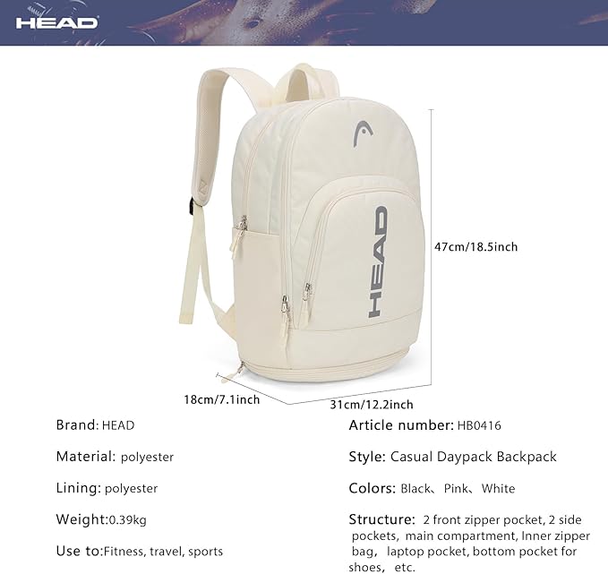 HEAD Waterproof Travel Backpack for Women, Lightweight 15.6 Inch Laptop Backpack with Shoes Compartment, Casual Daypack College Backpacks with 8 Pockets for Overnight/Sports Gym/Work/Fitness