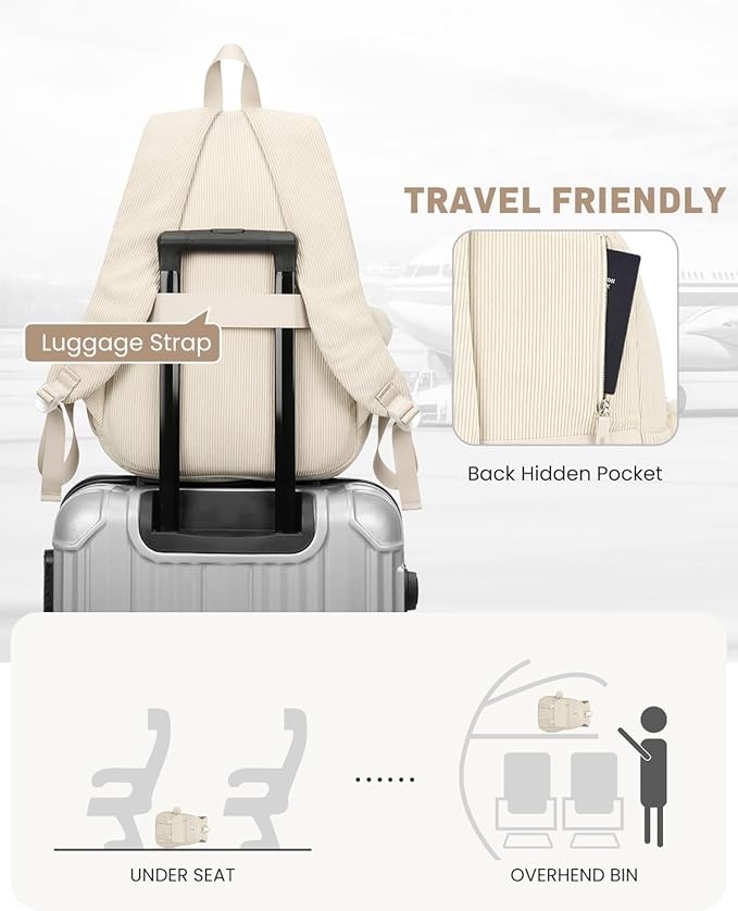 School Backpack for Teens, Large Corduroy Bookbag Cute 17.3 Inch Laptop Bag for Girls Women Lightweight Aesthetic High School College Back Pack for Student Nurse, Beige