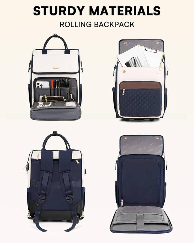 Rolling Backpack for Women, Travel Rolling Laptop Backpack with Wheels, Vertical & Horizontal Storage 2 In 1, Flip-Top Design, Water-Resistant Overnight College Underseat Carry on Luggage, Navy Blue