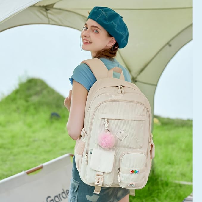 Girls Laptop Backpack Corduroy Bookbag For Teen Big Studen School Bag Durable Travel Daypack (2white)