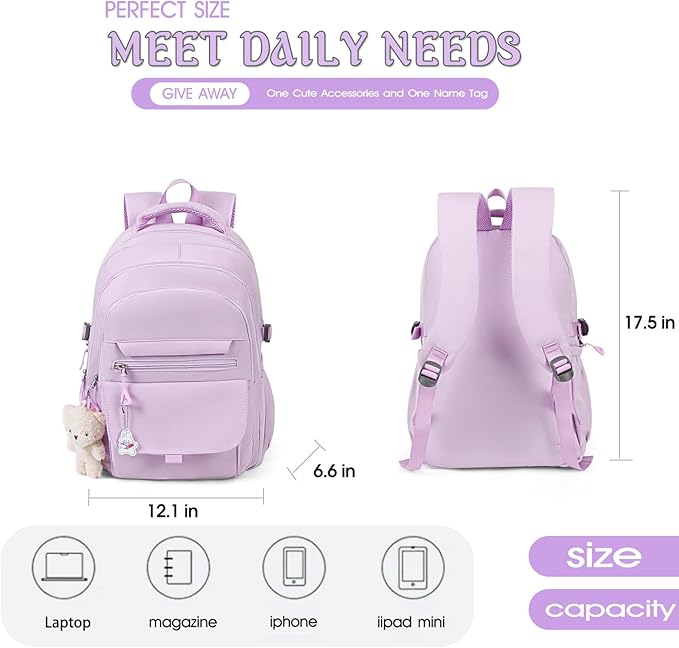 Girls Backpack for College High Middle School Student, Cute Aesthetic Bookbag for Teens Women with Accessories，Purple