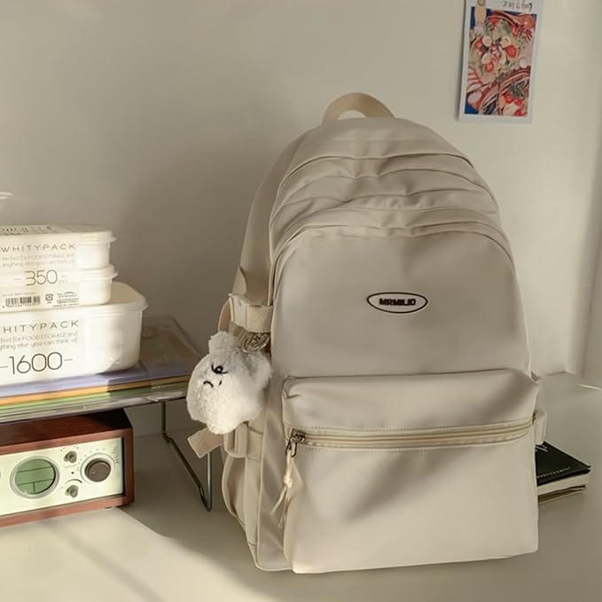 Kawaii Backpack with Cute Accessories Casual Aesthetic Daypack Simple Laptop Bag Waterproof Travel Rucksack for Women (white)
