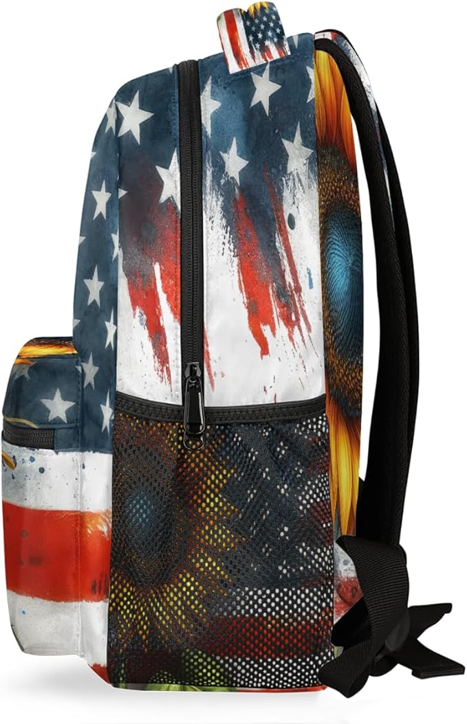 Pardick American Flag Sunflower Backpack for Kids Girls Boys Lightweight School College Students 18in Bookbag Large Capacity Computer Backpacks Laptop Rucksack Travel Gym Hiking Camping Daypack