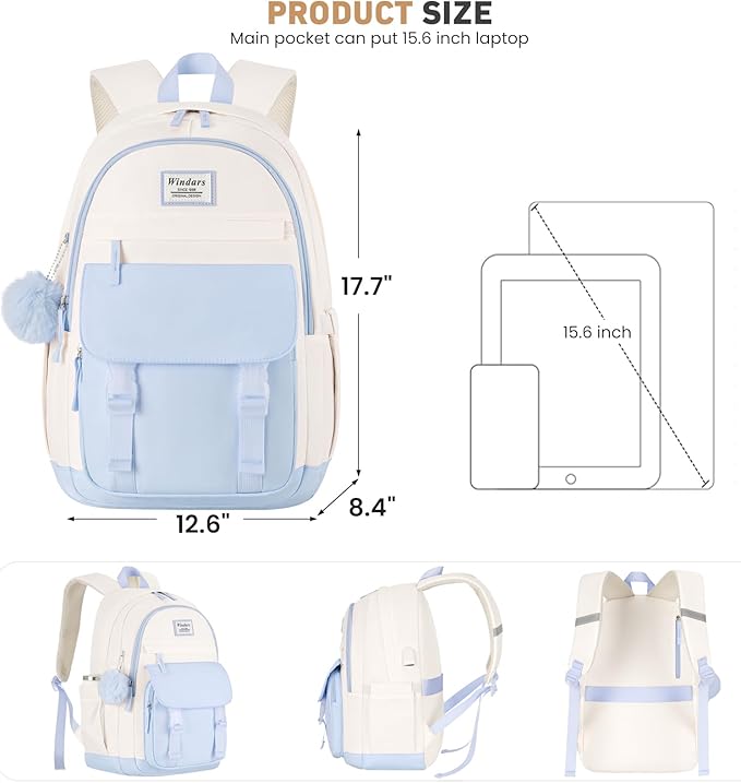 School Backpack for Teen Girls, Cute College Backpacks for Women Students Aesthetic Bookbag Large 15.6 Inch Laptop Bag Middle School Travel Back Pack (Blue Beige)