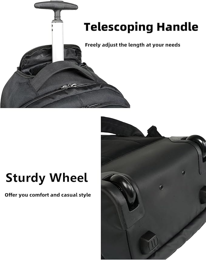 MATEIN Wheeled Backpack, 18 inch Laptop Backpack with Wheels for College, Rolling Travel Backpack, Carryon Trolley Luggage Suitcase Compact Business Computer Bag for Men Women, Black