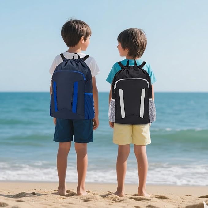 Drawstring Backpack for Kids Sports Gym Bag with Shoes Compartment, Water Resistant Beach Swim Bag String Backpack for Boys and Girls, Black