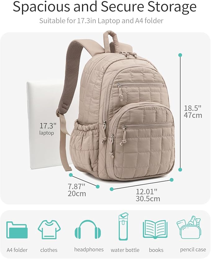 Bookbag for Women, Teen Girls Backpack for High School College Student, Puffer Quilted Back Pack Cute Laptop Backpack 17.3in for Work Travel Mom Casual, Camel
