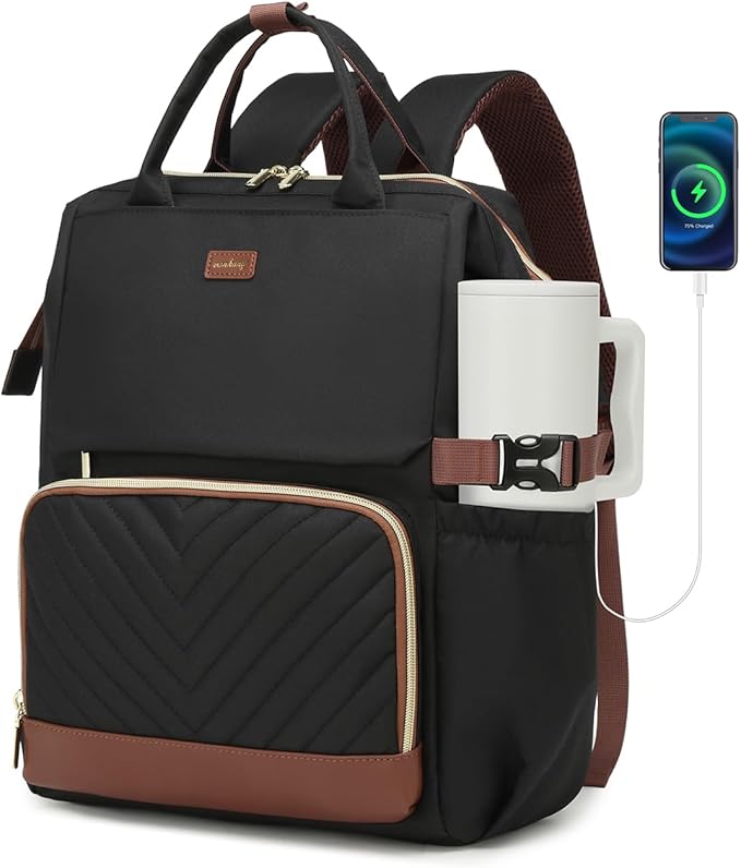 17.3in Computer Backpack for Women, Work Bag Laptop Bookbag with Cup Holder & USB Charger for Teacher Nurse College Travel Back Pack, Gifts, Black Brown