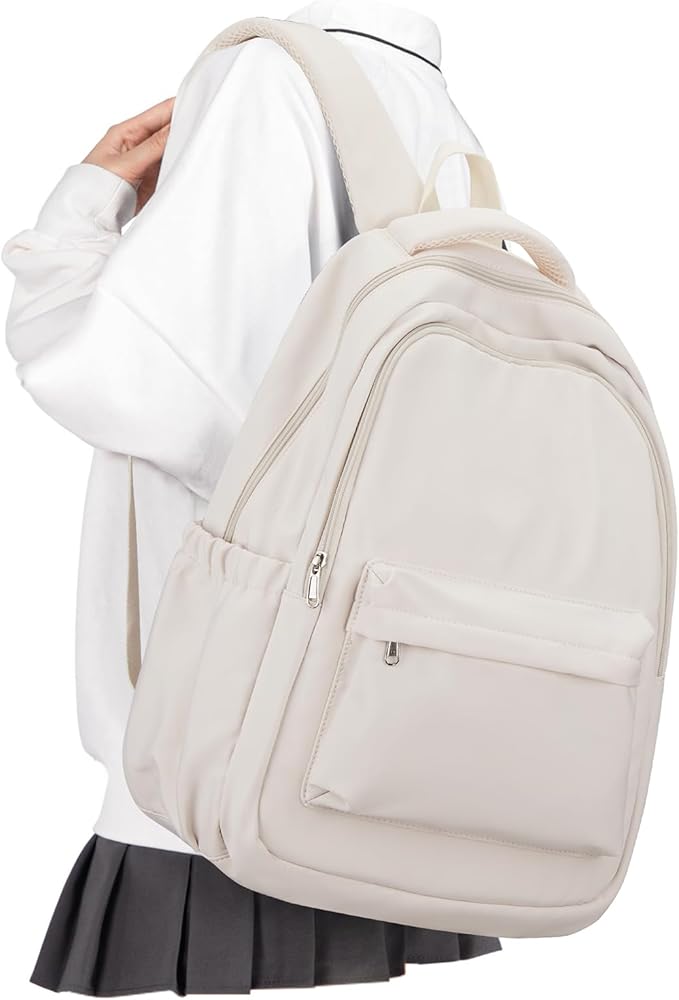 Lightweight School Backpack for Women Men, Laptop Travel Casual Daypack College Secondary School Bags Bookbag for Teenage Girls Boys, Beige