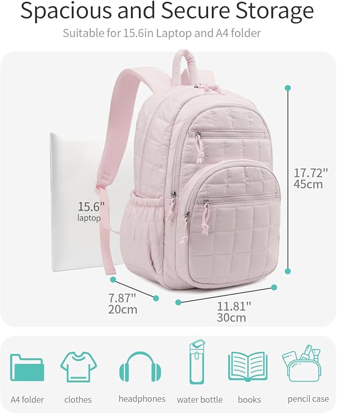 Bookbag for Women, Teen Girls Backpack for High School College Student, Puffer Quilted Back Pack Cute Laptop Backpack for Work Travel Mom Casual Daypack, Pink