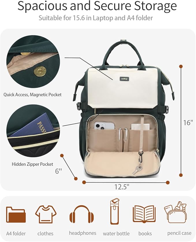 Computer Backpack for Women, Work Bag Laptop Bookbag with Cup Holder & USB Charger for Teacher Nurse College Travel Back Pack, Gifts, Black DarkGreen