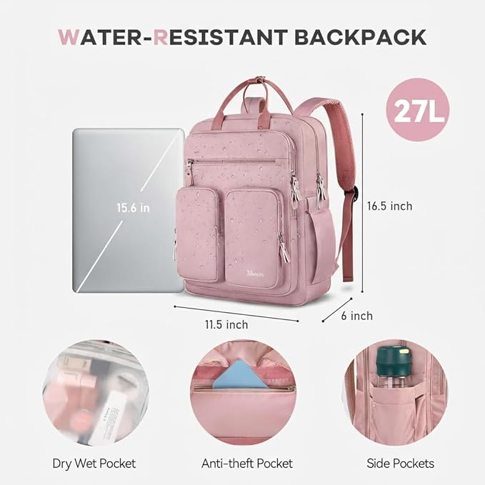 Mancro College Backpack for Women, 15.6 Inch TSA Laptop Bookbag with Mutiple Pockets, Large Capacity Book Bag for Teen Girl Students Casual Daypack Travel Backpacks, Pink
