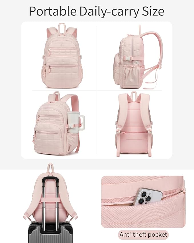 Cute Laptop Backpack for Women, Quilted College Bookbag with Tumbler Holder Pocket for Nurse Teacher Work Travel, Puffer School Backpack for Teen Girls Big Student, Pink