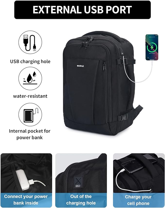 ECOHUB 17'' Small Travel Backpack, United Airlines Personal Item Bag 16.7"x10"x8" with 13 Pockets Carry on Backpack with USB Port Luggage Sleeve Travel Essentials for Men Women Water Resistant, Black