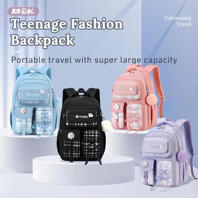 Cusangel Teen Girls Backpack for School, 18 inch Black Cute Daily BookBag, Large Capacity Waterproof Laptop Daypack