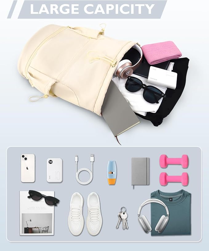 Drawstring Backpack Sports Gym Bag with Shoe Compartment and Wet Pocket String Swim Bag for Women Men Beach Backpack, Beige