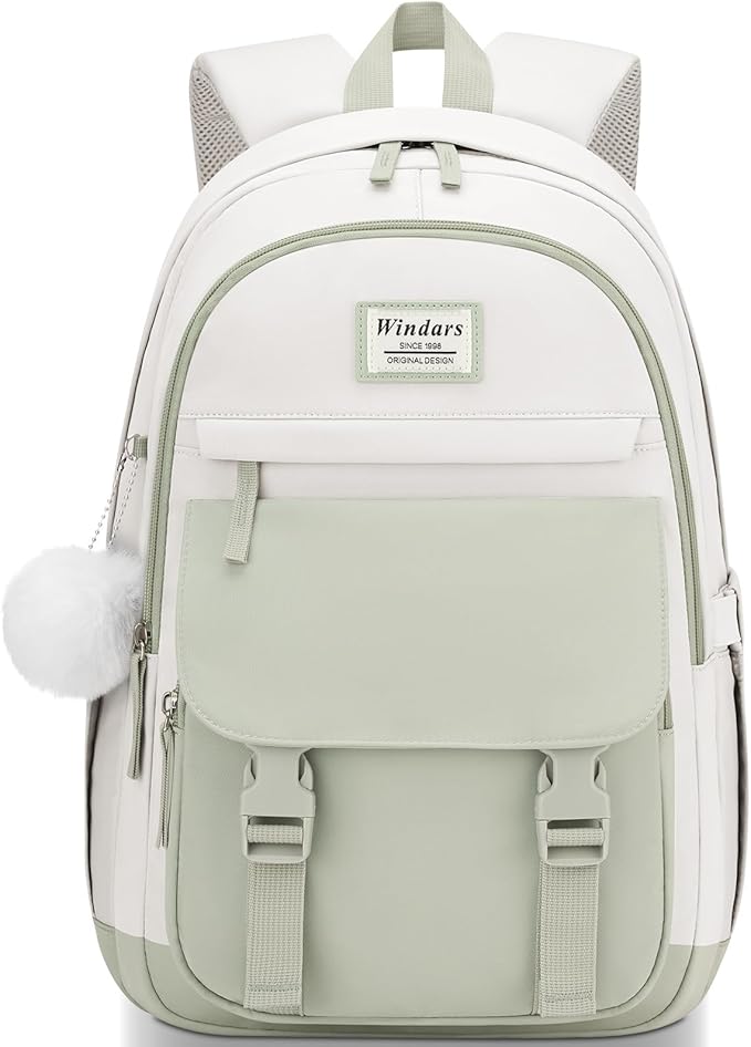 School Backpack for Teen Girls, Cute College Backpacks for Women Students Aesthetic Bookbag Large 15.6 Inch Laptop Bag Middle School Travel Back Pack (Green Beige)