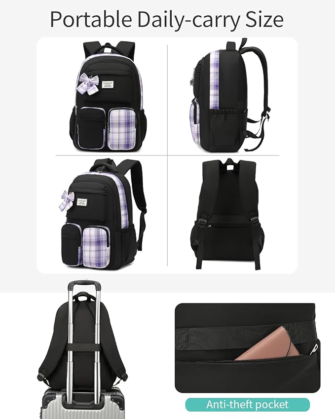 School Backpack for Teen Girls Cute Bookbags Middle High School College Laptop Bags Women Travel Teenage School Bag Daypack, Black Purple