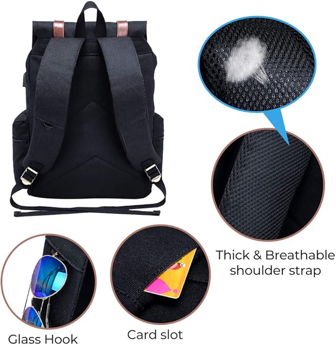 Modoker Eco-Friendly Mens Canvas Vintage Backpack for Men,Women, Travel Laptop Backpack Fits 17/15.6 Inch Computer & Tablet, Large Bookbag Rucksack Backpack with USB Charging Port, Black
